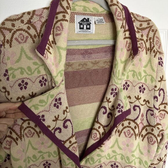 Storybook Knits Long Cardigan Sweater Fair Isle Green Brown Button Front Large - Picture 6 of 8